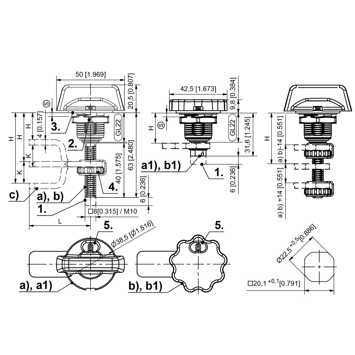 Dirak Compression Latch Pr20.1 with Wing Knob/Round Knob  - Stainless Steel